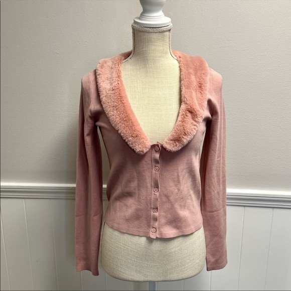 Sweaters | Aritzia Sunday Best Pink Faux Fur Collar Ever Cardigan Medium |  Poshmark